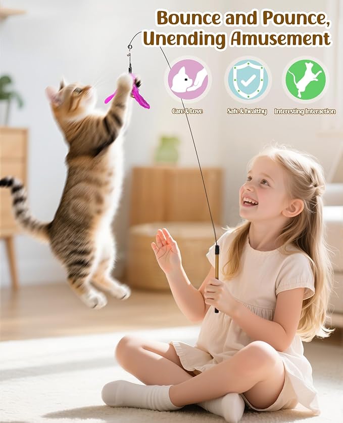 Pawaboo Feather Teaser Cat Toy, Interactive Feather Wand Cats Toy Flying Feathers Cat Catcher with Extra Long 34.5" Wand and Small Bell, Exerciser Playing Toys for Kitten or Cats, Rose + Red Brown