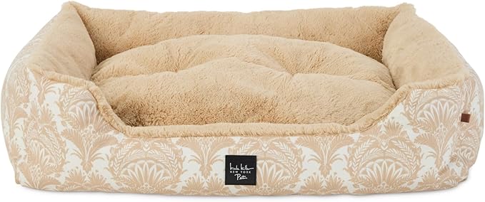 Nicole Miller New York PET Mod Damask Plushy Bolster Pet Bed, Cozy & Calming, Non-Slip Bottom, Machine Washable Cover, Taupe, Large 35"x28"x8"