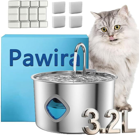 Pawira Water Fountain for Cats, 2025 Upgraded 3.2L/7L Stainless Steel Cats & Dogs Water Fountain with Filter Sets, Multi-Filtration, Whisper Quiet, Easy to Clean (3.2L/112oz, Type C + 4 Filter)