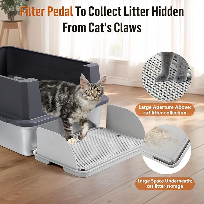 Cat Litter Box Step with Removable Splash-Proof Baffles, Large Pet Ramp for Litter Box with Filter Function Double Layer Cat Pedal Footrest Splash-Proof Easy to Clean (Light Grey)