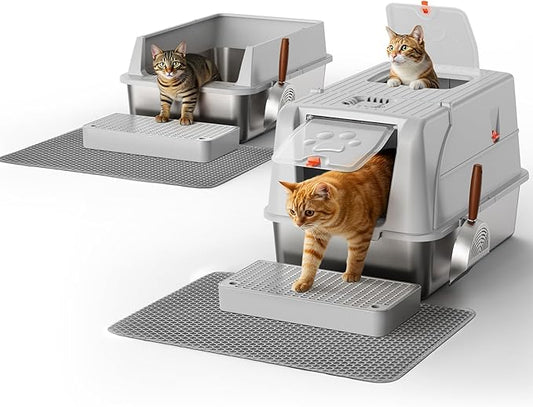 2 Pack Stainless Steel Cat Litter Box, Semi-Enclosed + Fully Enclosed Non-Odor Litter Box with Litter Scoop and Litter Mat (Non-Sticky, Easy to Clean, Anti-Urine Leakage)