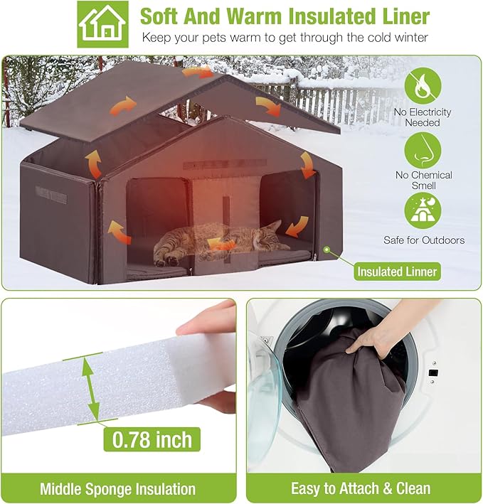 GUTINNEEN Insulated Outdoor Cat House Outside Feral Cat Shelter Weatherproof with Insulated Liner, Large Porch, Escape Door and Name Plate 43.5" L