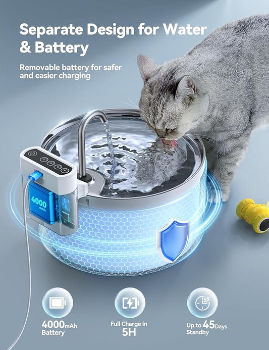 Wireless Cat Water Fountain [Water & Battery Separation] FEELNEEDY Automatic Pet Water Dispenser with Motion Sensor, 3.5L/118oz 4000mAh Battery Operated Water Fountains for Cats Dogs