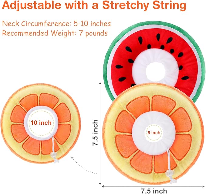 2 Pcs Adjustable Cat Cone Collar Soft Small Cute Cat Recovery Donut Collar After Surgery Orange Watermelon Elizabethan Kitten Neck Cones for Small Dogs Pet, Fruits Shaped, Under 7 lbs