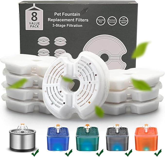 Cat Water Fountain Filter, Multiple Filtration Pet Water Fountain Replacement Filter,8 or 12 Packs of Cotton Activated Carbon Cat Fountain Filter(Filter 8 Pack)