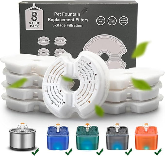 Cat Water Fountain Filter, Multiple Filtration Pet Water Fountain Replacement Filter,8 or 12 Packs of Cotton Activated Carbon Cat Fountain Filter(Filter 8 Pack)