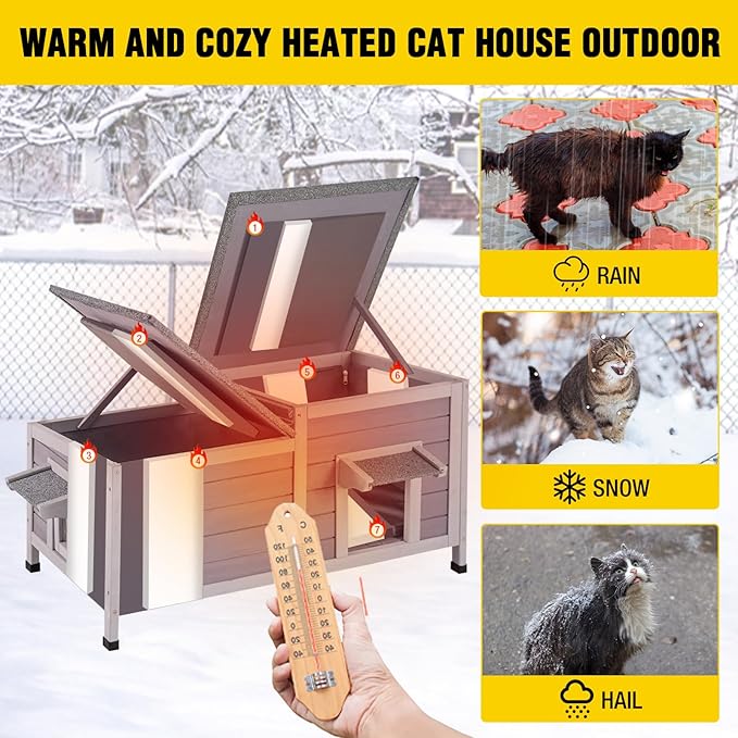Aivituvin Heated Cat House for Outside with Insulated Liner in Winter, Weatherproof Outdoor Cat House with Anti-Bite Cable, Wooden Kitten Condo for 1-4 Cats