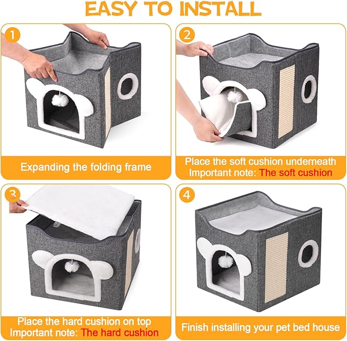 Cat Beds for Indoor Cats, Large Cat House Foldable Cat Cave with Scratch Pad and Hanging Fluffy Ball, Reversible Cushion Hideaway for Pet Cats, 16.5x16.5x13.2 inches, Dark Grey