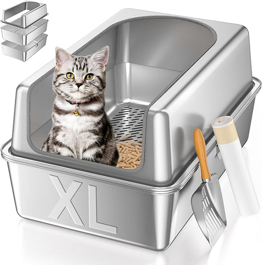 XL All Stainless Steel Sifting Litter Box with Lid,Sifting Cat Litter Box for Wood Pine Pellets,High Sides Sifter Litter Pan System,Odor Control,Easy to Clean,with Liners and Scoop