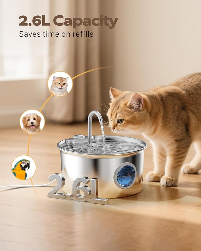 Pet Water Fountain Stainless Steel: Mental Cat Water Fountains for Cats Indoor - 88oz/2.6L Noiseless Cats Waterer Bowl Dispenser - ATMZIQXR Kitten Drinking Fountains with 8 Filters + 8 Sponges