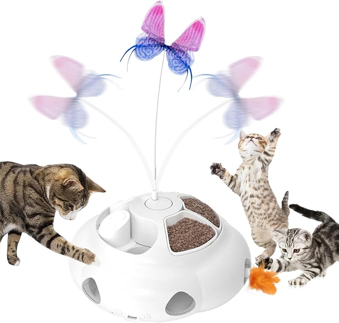 Interactive Cat Toys for Indoor Cats, 4in1 Pet Teaser Toy with Ambush Feather Wand, Motorized Fluttering Butterfly and Slow Feeder, Rechargeable Power Treat Puzzle Toys(White)