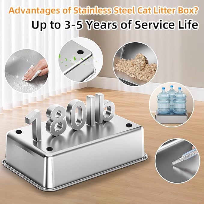 Stainless Steel Litter Box with lid,165° Flip-Top Large Enclosed Cat Litter Box with Metal Litter Scoop & Cat Litter Mat.Non-Sticky, Non-Odor, Easy Cleaning-Light Gray