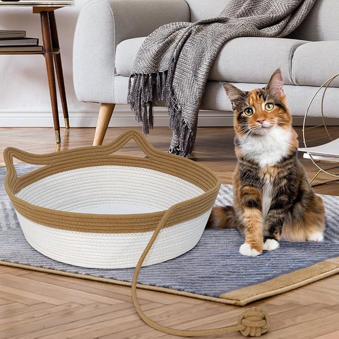 Cotton Rope Woven Cat Bed, Pet Sleeping Bed with a Playing Rope Ball, Foldable Sleeping Basket for Cats, Puppies, Rabbits and Small Pets (Large, Brown & Beige)