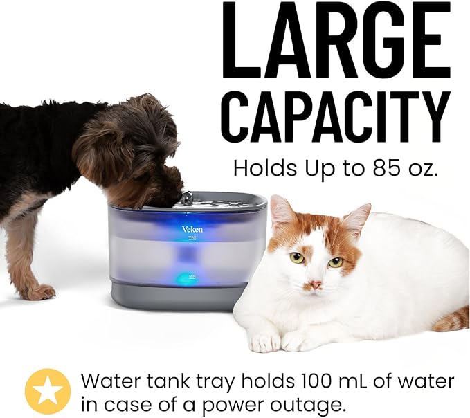 Veken Cat Water Fountain with Detachable Tank, Easy to Clean & Assemble, 84oz/2.5L Automatic Pet Drinking Dispenser with Quiet Operation & LED Light for Cats, Dogs and Small Pets, Grey