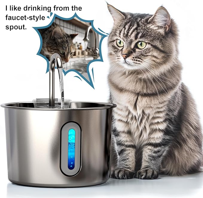 Cat Water Fountain, 74oz/2.2L Cat Fountain for Drinking - Pet Water Fountain Stainless Steel for Cats Inside - Quiet Water Bowl Dispenser - Kitty Drinking Fountains - 4 Filters + 4 Sponges