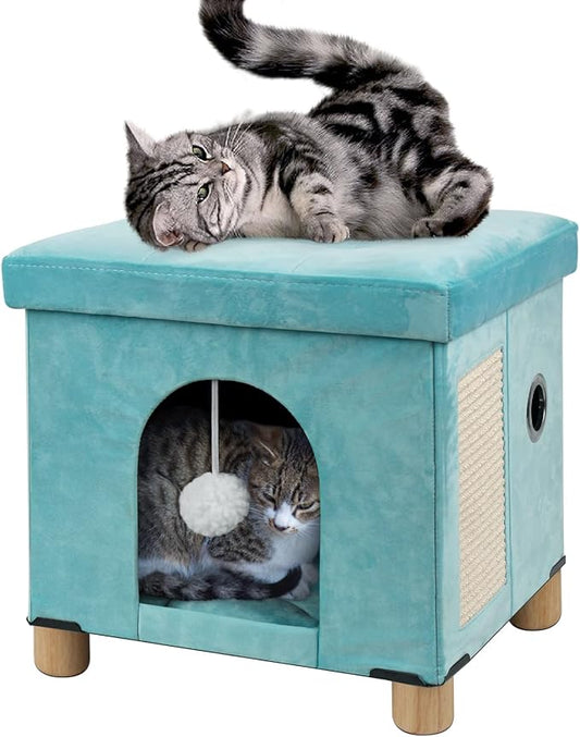 BRIAN & DANY Cat House for Indoor Cats, Cat Cave Bed for Pet, Cat Cube with Cat Scratch Board & Cat Ball, 14.7" x 14.1” x 12.7”, Green