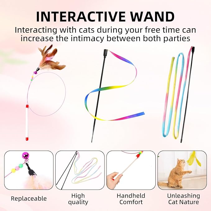 13 PCS Cat Wand Toys, Interactive Kitten Toys for Indoor Cats with Teaser Wand String for Exercise Kitten, Includes Replacements Feather, Worm, Mouse, Rainbow Strip