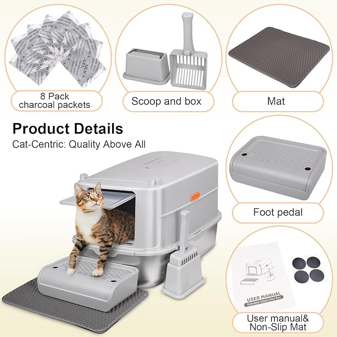ELEGX Odor-Control Stainless Steel Cat Litter Box,XL Large 4-in-1 Cat Metal Litter Box Set,Enclosed Removable Metal Litter Box with High Sided Enclosure, Mat & Scoop,Extremely Easy to Clean