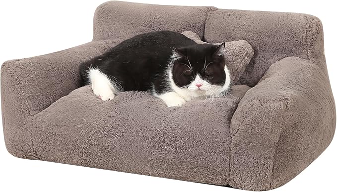Extra Wide Fluffy Cat Bed, Small Dog Bed with Bone Shaped Pillow, Anti-Anxiety Pet Couch with Washable Cover, Brown