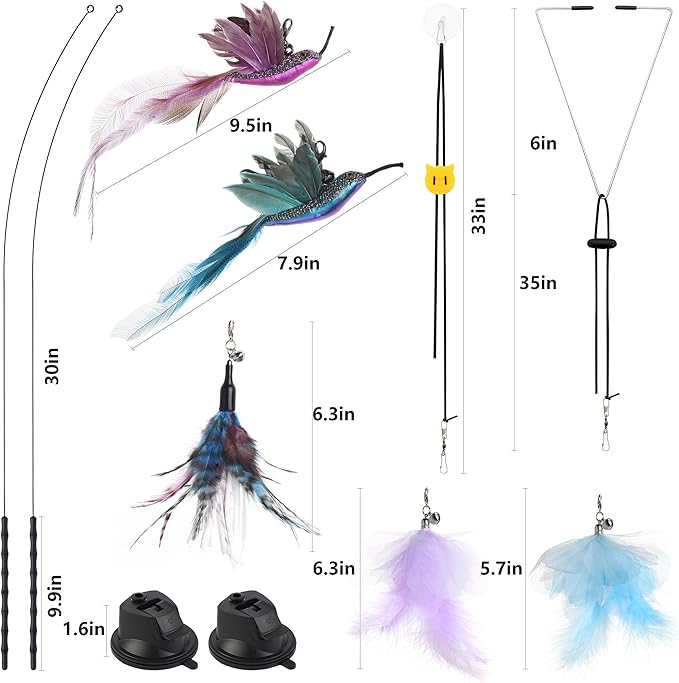 4-in-1 Interactive Cat Wand Feather Toys,Wand Self-Holding Suction Cups Base,Include Detachable 2 Simulation Bird Toy and 3 Feathers Toys,2 Types Hanging Door Kitten Toy