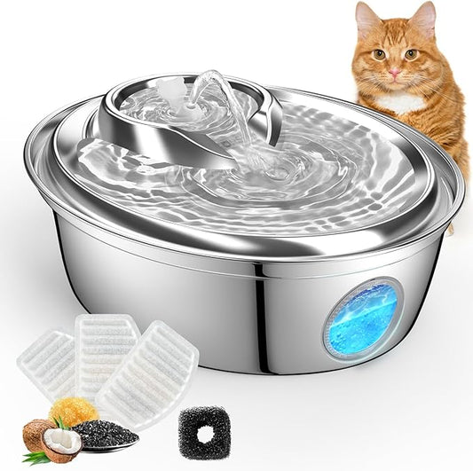 ORSDA Cat Water Fountain Stainless Steel, Automatic Pet Water Fountain, 67oz/2L Drinking Fountain Dog Water Dispenser with Water Level Window for Cats and Small Dogs- 4Pcs Filters (D36)