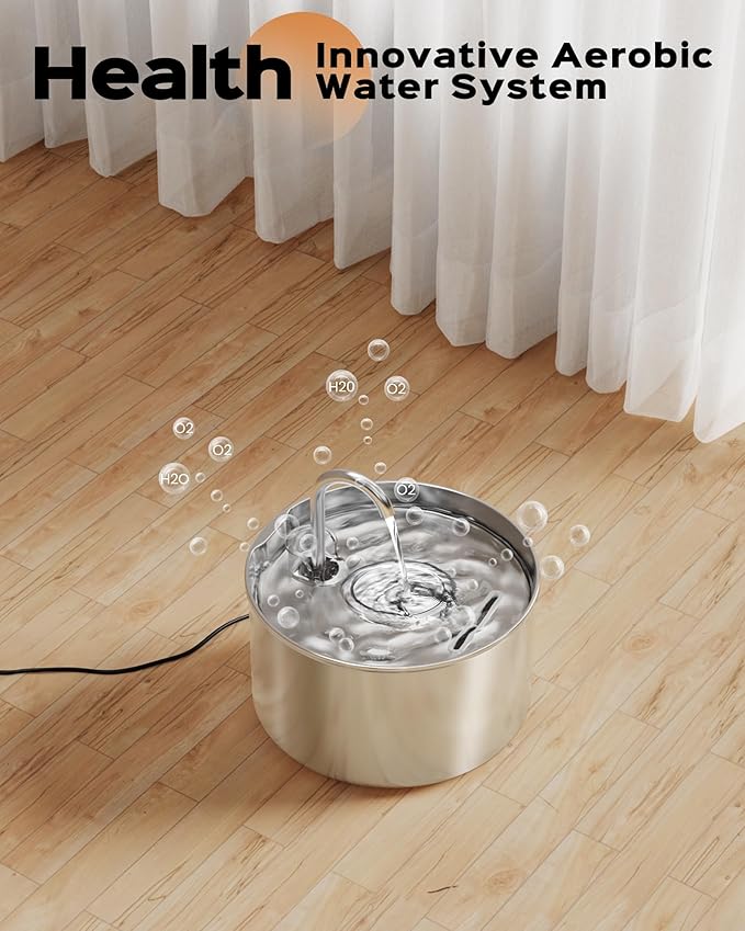 AOOGITF Cat Water Fountain + 6 Filters + 3 Sponges, 304 Stainless Steel Pet Water Fountain, 24 Hours Keep The Water Clean, 74oz Capacity, Ultra-Quiet, No Sputter, Compact, Easy Cleaning