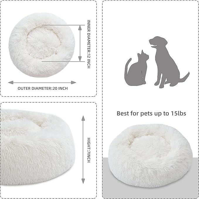 Creamy Faux Fur Cat & Dog Beds - Washable, Anti-Anxiety, Round Plush, 20/24 inches, Thick Bottom