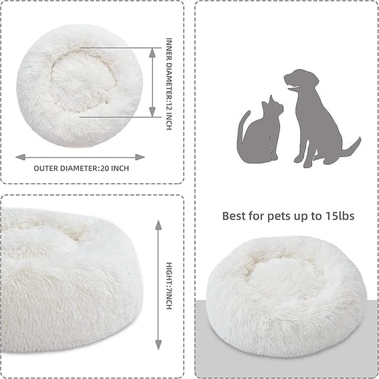 Creamy Faux Fur Cat & Dog Beds - Washable, Anti-Anxiety, Round Plush, 20/24 inches, Thick Bottom