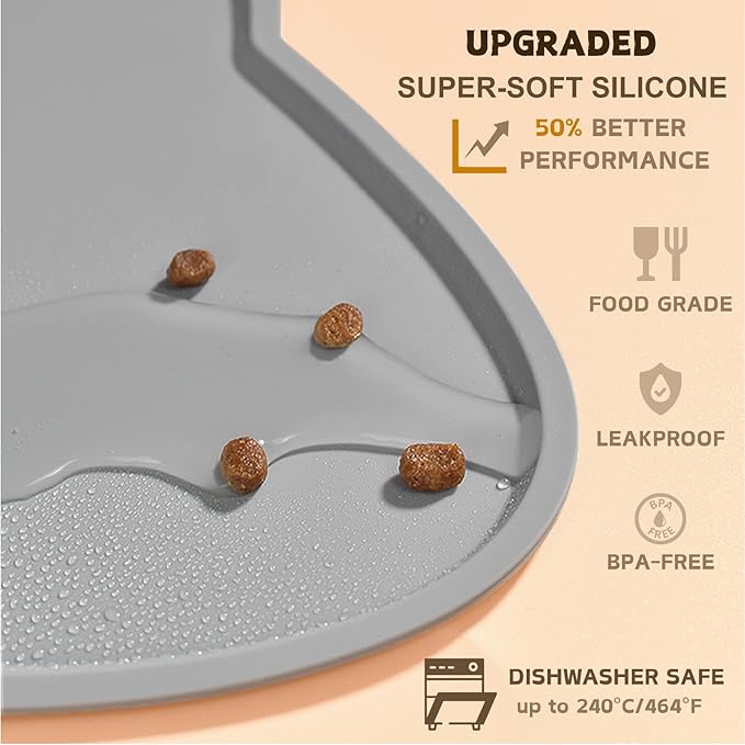 Cat Food Mat, Silicone Pet Feeding Mat for Floor Non-Slip Waterproof Dog Water Bowl Tray Cushion (17" x 10", Dark Gray)