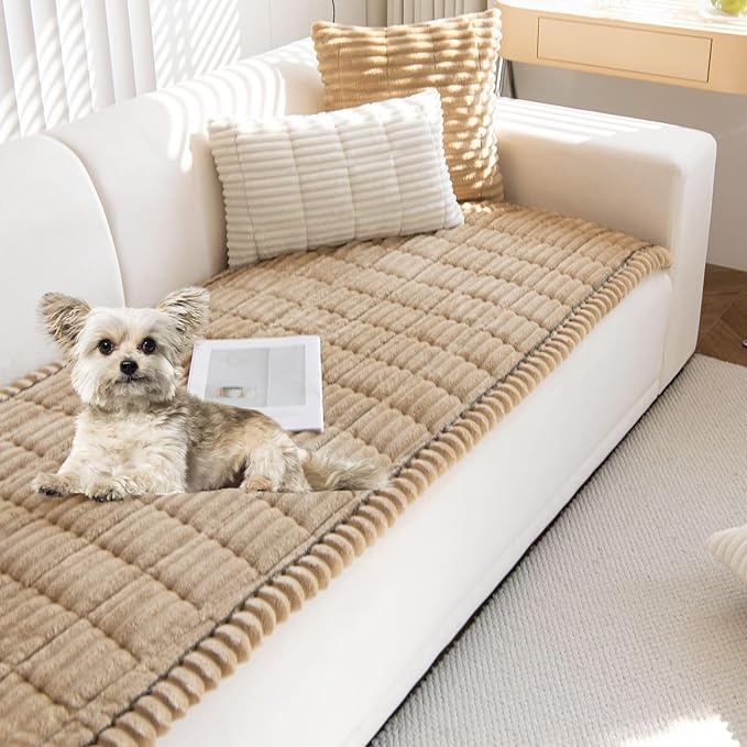 Faux Fur Plush Dog Couch Cover 3D Stripe Fuzzy Sofa Cover Non-Slip Fluffy Dog Bed Cover Pet Blanket Sofa Couch Furniture Protector for Puppy Large Dog Cat (Coffee,31"x31")