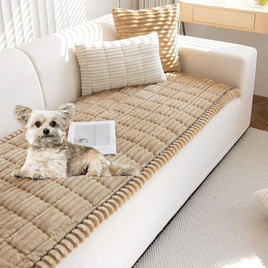 Faux Fur Plush Dog Couch Cover 3D Stripe Fuzzy Sofa Cover Non-Slip Fluffy Dog Bed Cover Pet Blanket Sofa Couch Furniture Protector for Puppy Large Dog Cat (Coffee,35"x47")