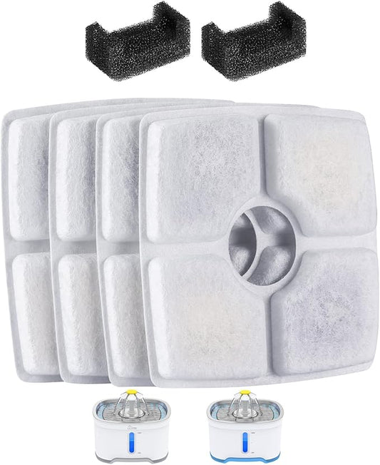 Wonder Creature Cat Fountain Filter for Cubic Cat Water Fountain, 4 Carbon Filters & 2 Pre-Filter Sponges Pack, Elliptical Pet Dispenser Filter