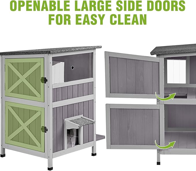 GUTINNEEN Outdoor Cat House Weatherproof with 2 Escape Doors and Window, 2-Storys Wooden Feral Cat Shelter with Asphalt Roof and Removable Floors, Cat Condo with 2 Large Side Doors for Easy to Clean