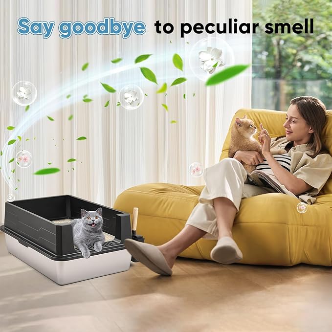 XXXL Extra Large Cat Litter Box,Stainless Steel Litter Box,Metal Litter Boxs with Hight Sides,with Pedal &Garbage Shovel,for Big Cats &Multiple Cats, Anti-Urine Leakage,Non-Stick,Easy Clean,Black.