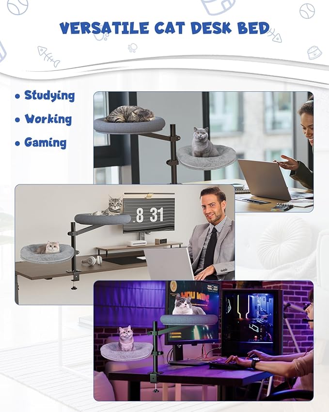 Double Cat Desk Bed, 360° Rotating Elevated Desk Cat Bed, Adjustable Raised Desk Kitten Bed Up to 80 LBS, Washable Soft Fabric Pet Desks Nest Beds, Cat Hammock Wall Mounted for Office and Game Tables