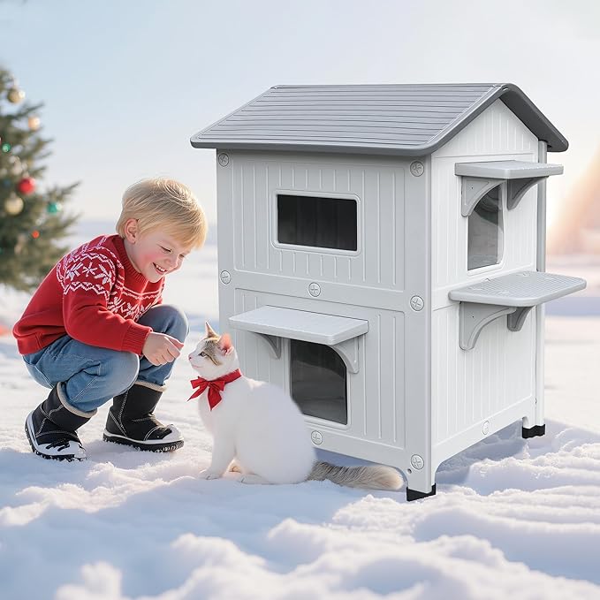 Plastic Outdoor Indoor Cat House with Insulated Liner, 100% Insulated Outdoor Cat Houses for Winter, Waterproof Feral Cat Shelter, Assemble Easily-White