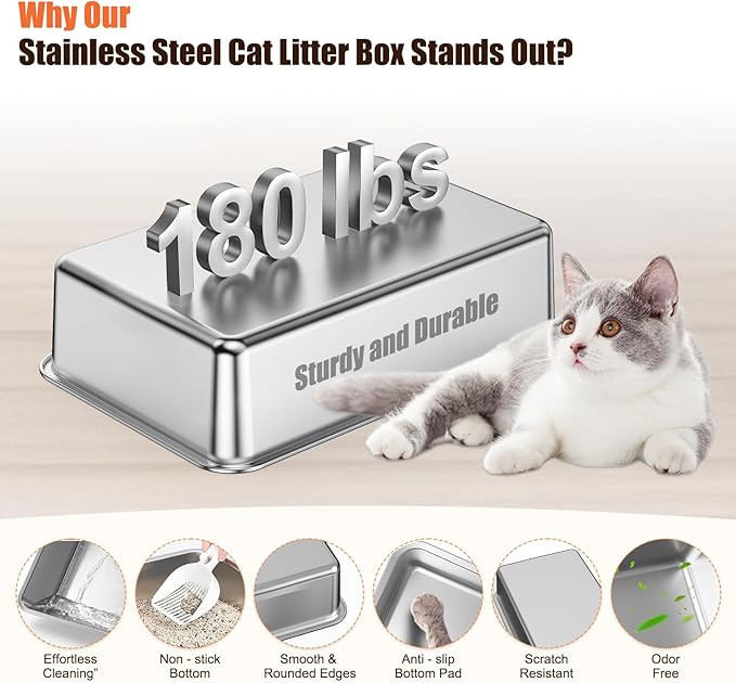 Stainless Steel Cat Litter Box with Lid Extra Large Open-Top Dual Entry Enclosed Metal Pan Tray with High Sides Pedal Scoop Non-Stick Anti-Leakage Easy Cleaning for Big Multi-Cat (Blue)