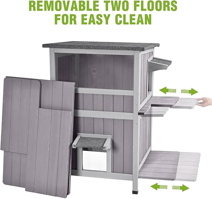 GUTINNEEN Outdoor Cat House Weatherproof with 2 Escape Doors and Window, 2-Storys Wooden Feral Cat Shelter with Asphalt Roof and Removable Floors, Cat Condo with 2 Large Side Doors for Easy to Clean