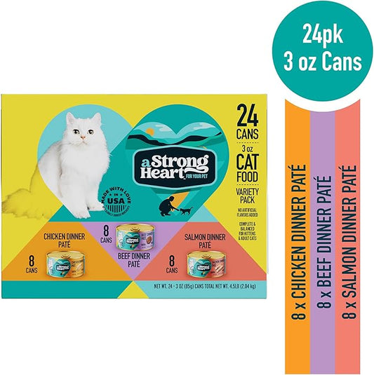 A Strong Heart Canned Wet Cat Food, Chicken, Beef and Salmon Variety Pack - 3 oz Cans (Pack of 24), Made in The USA with Real Chicken, Beef and Salmon