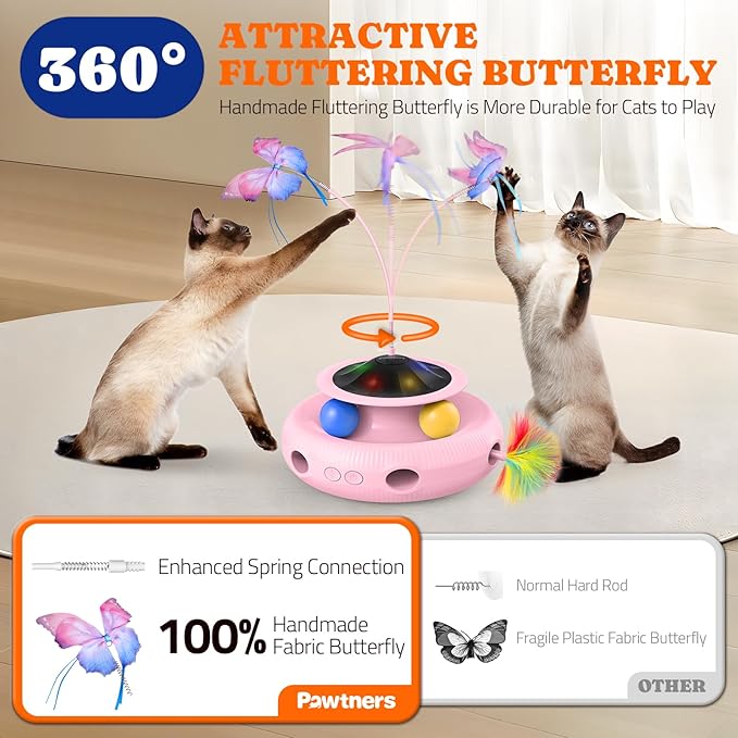 Interactive Cat Toy: 4 in 1 Automatic Cat Toy for Indoor Cats, Electric Kitten Toy with Rechargeable Battery, Self Play Kitty Toys with Fluttering Butterfly, Track Ball and Feather Pack, Pink