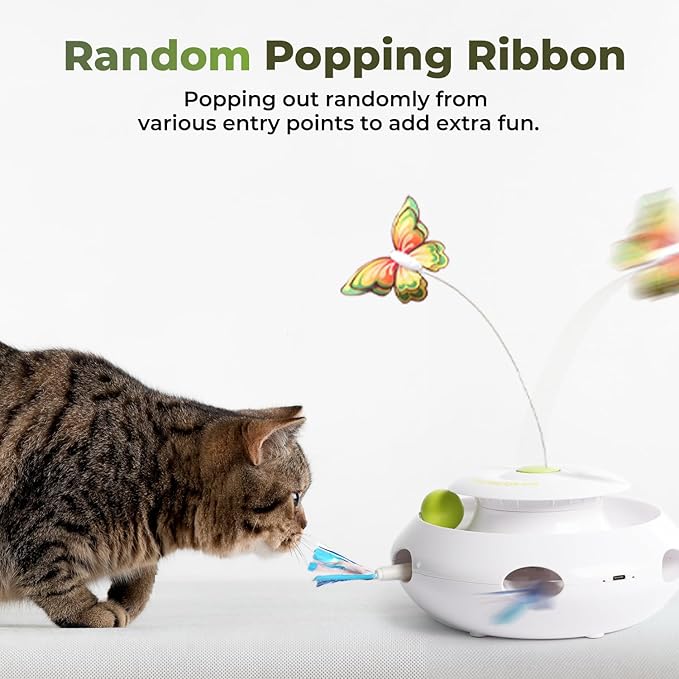 ALL FOR PAWS 3 in 1 Interactive Cat Butterfly Flutter Toy with Rolling Balls, Poping Feather Toy Automatic Kitten Spinner Toys, Mental Stimulation for Indoor Cats, USB Rechargeable Kitty Toys