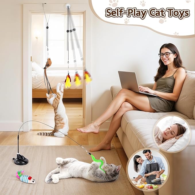 HONGDDY Interactive Bird Simulation Cat Toys，4 in 1 Cat Toys for Indoor Cats, 4 Replacement Birds，Hanging Door Kitten Wand with Suction Cup Removable Feathers Balls Mice Butterfly Streamers