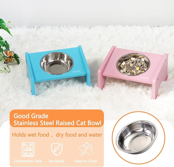 Elevated Cat Bowls,2 Stainless Steel Pet Food Water Feeder,15°Tilted Raised Pet Dish, Slanted Dog Bowl with Wood Stand for Kitty and Puppy,Wide 5.51" (Pink)
