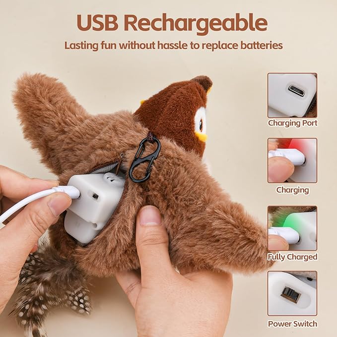Flappy Bird Cat Toy for Indoor Cats, Simulated Chirping Flapping Wings Bird, Interactive Catnip Toys, Plush Kitten Exercise Toys (Brown Sparrow)
