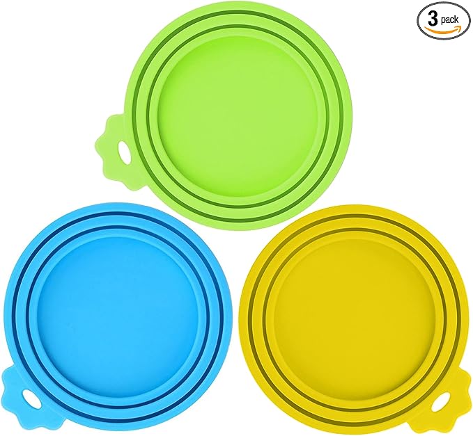 3 Pack Pet Food Can Covers, Silicone Universal Can Lids for Dog & Cat Food, BPA Free, One Fit Most Standard Size Can Lids Top Blue/Green/Yellow