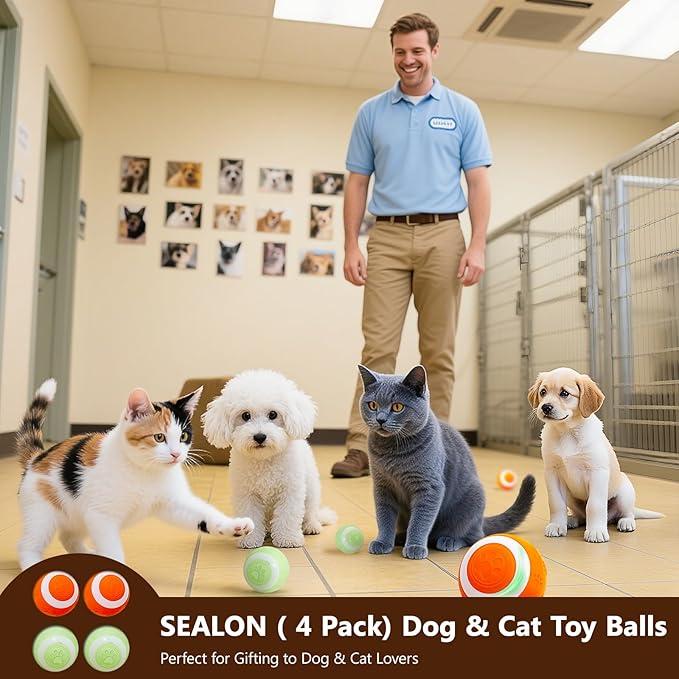 SEALON Electric Interactive Dog & Cat Toy Ball(4 Pack) Indoor Cat Play Ball, Suitable for Cats Over 6 Months for Exercise, Weight Loss, and Fun