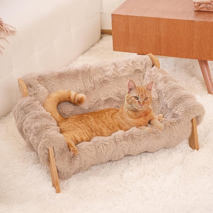 Elevated Cat Couch Bed for Indoor Cats, Wooden Cat Sofa with Removable Washable Fluffy Cover Raised Kitty Lounge Chair Suitable for Puppy(Cat Sofa Khaki)