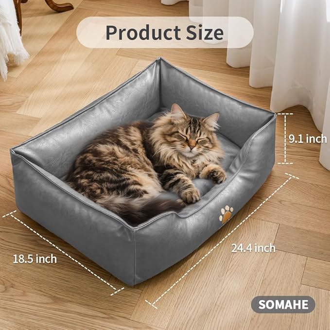 Premium Leather Cat Bed for Indoor Cats Premium Small Dog Bed Pet Nest with Anti-Slip Base Ultra Soft Texture for Comfortable Rest 24 × 18 × 9 inch Grey