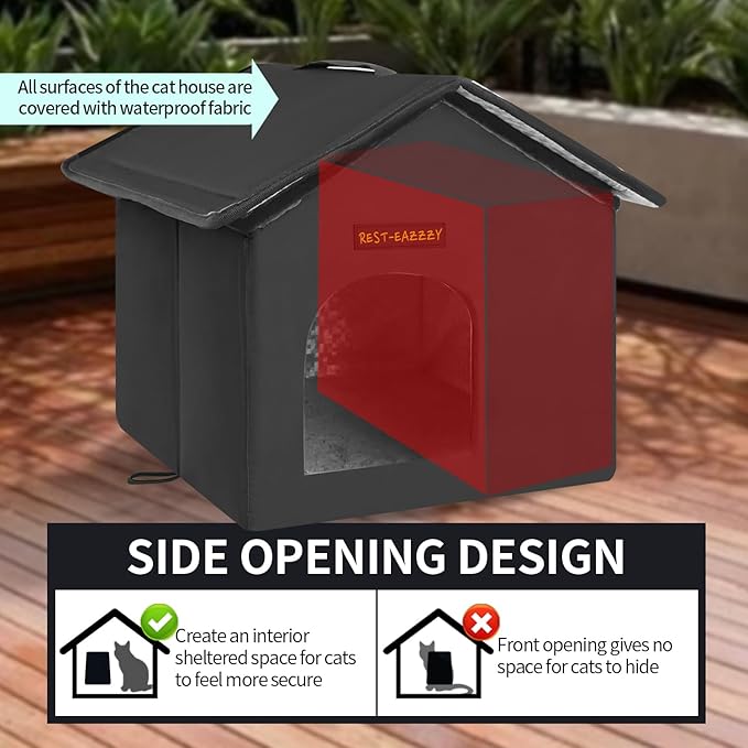 Rest-Eazzzy Cat House for Outdoor Cats, Weatherproof and Insulated Feral Cat House with Mat and Clip, Easy to Put Together, Selfwarming Cat Shelter for Winter, Never Blow Away (Black, House X 2)