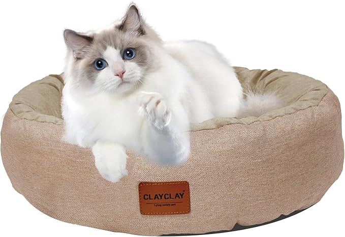 Cozy Round Cat Bed – Soft, Comfortable Cushion for Cats & Kittens – Non-Slip, Machine Washable, Plush Sleep Bed for Cats, Ideal for Resting & Napping (Khaki & Small)